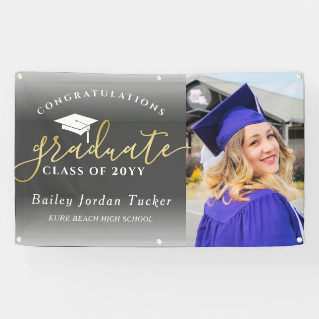 Congratulations Grey Gold Photo Graduation Banner (Horizontal)