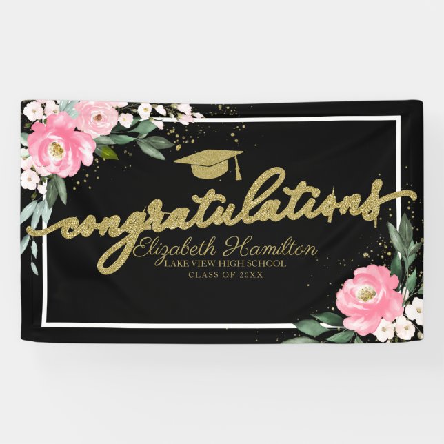 Congratulations Hot Pink Floral Graduation Party Banner (Horizontal)