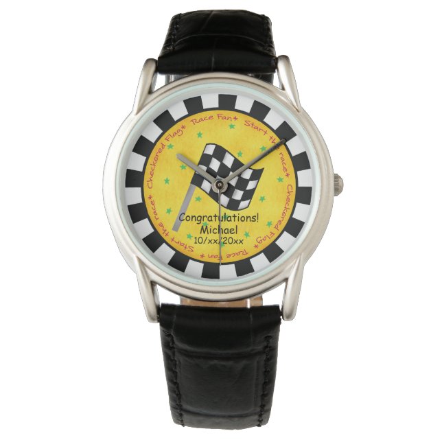 Congratulations Name Personalize Chequered Flag Watch (Front)