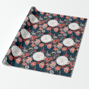 Congratulations Navy Blue Floral Pattern Wrapping Paper
