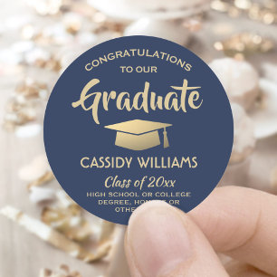 Congratulations Navy Blue Gold Modern Graduation Classic Round Sticker