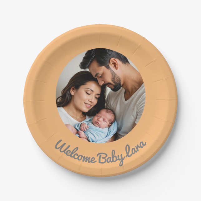 Congratulations new baby peach, welcome custom  paper plate (Front)