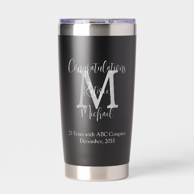 Congratulations on Retirement Monogram Name Black Insulated Tumbler (Front)