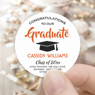 Congratulations Orange Black and White Graduation Classic Round Sticker