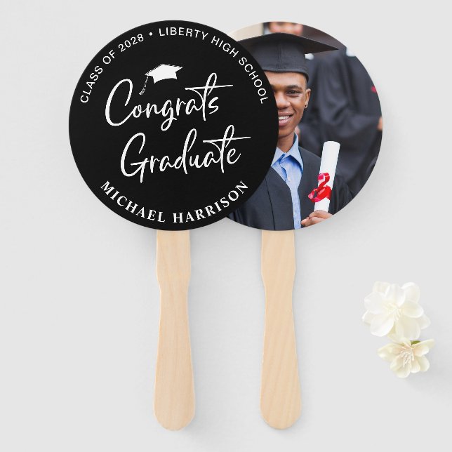 Congratulations Photo Black Graduation Hand Fan (Front and Back)