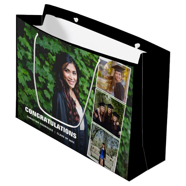 Congratulations Photo Collage Black Graduation Day Large Gift Bag (Front Angled)