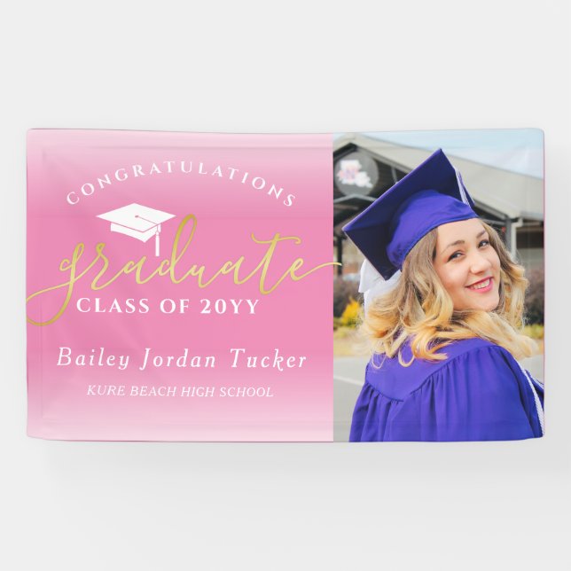 Congratulations Pink Gold Photo Graduation Banner (Horizontal)