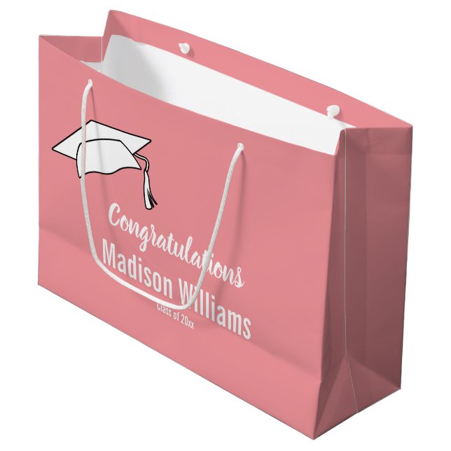 Congratulations Pink White Grad's Name Graduation  Large Gift Bag (Front Angled)