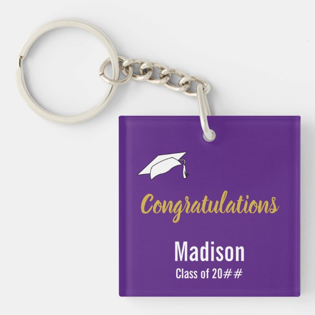 Congratulations Purple White and Gold Grad's Name Keychain (Front)