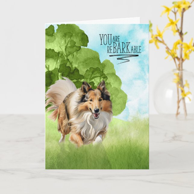 Congratulations reBARKable Rough Collie Dog Card (Yellow Flower)