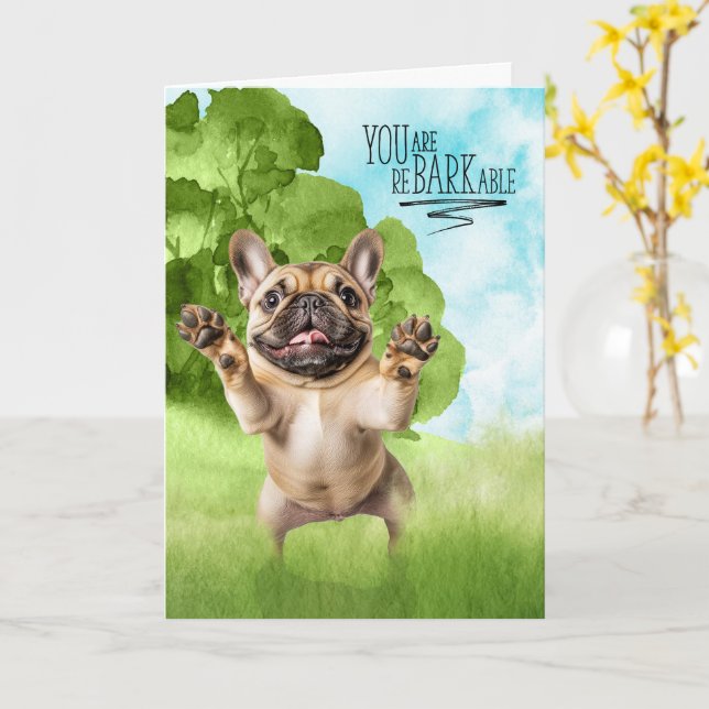 Congratulations reBARKable Tan French Bulldog Card (Yellow Flower)