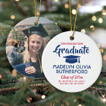 Congratulations Red White & Blue Graduation Photo Ceramic Ornament<br><div class="desc">Commemorate the graduate's achievement with a custom photo red, white and blue round graduation Christmas ornament. Picture and all text are simple to customize. Include school name and degree, congratulations, thanks mom and dad, or other message of your choice. Design features a white background, blue graduation cap, personalized modern typography...</div>