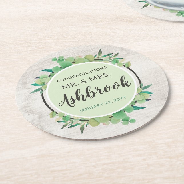 Congratulations Rustic Wood & Eucalyptus Botanical Round Paper Coaster (Angled)