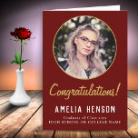 Congratulations Simple Graduate Photo Graduation  Card<br><div class="desc">Congratulations Simple Graduate Photo Graduation Card. Elegant and simple design with golden script on a dark red background and custom photo. Add your photo and message for the graduate inside the card.</div>