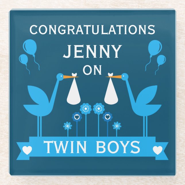 Congratulations Stalk Delivery Twin Boy Glass Coaster (Front)