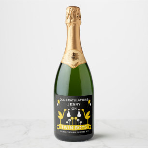 Congratulations Stalk Delivery Twin Boy Sparkling Wine Label