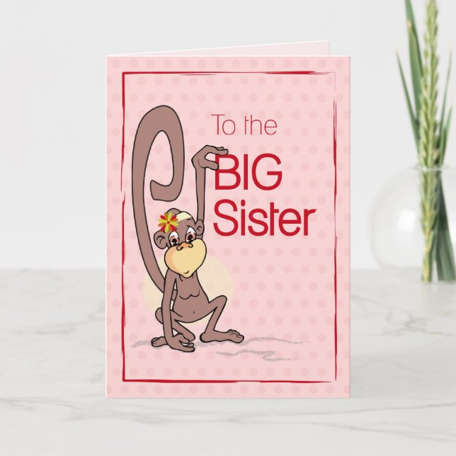 Congratulations to the Big Sister, Monkey on Pink Card (Front)