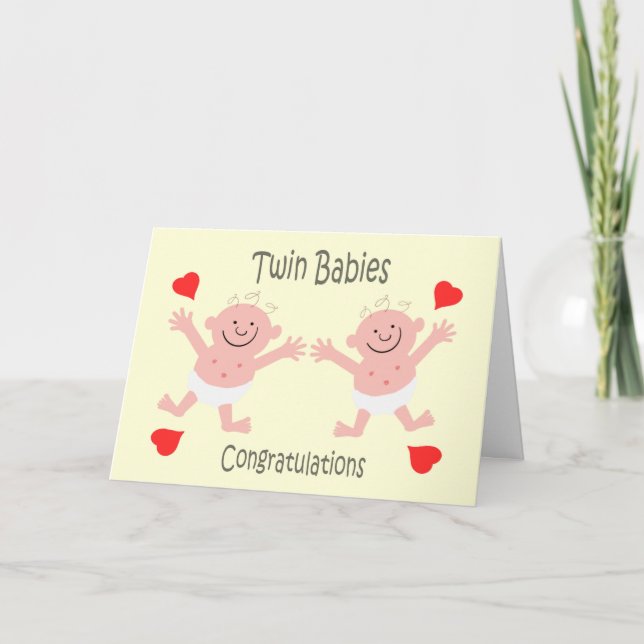 Congratulations Twin Babies Cute Cartoon Card (Front)
