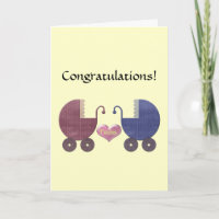 Congratulations Twins, with Blue and Red Pram Art
