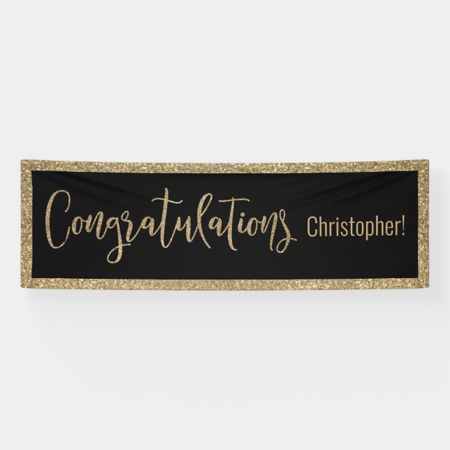 Congratulations Typography Gold Glitter and Black Banner (Horizontal)
