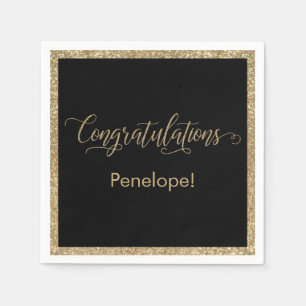 Congratulations Typography Gold Glitter and Black Napkin