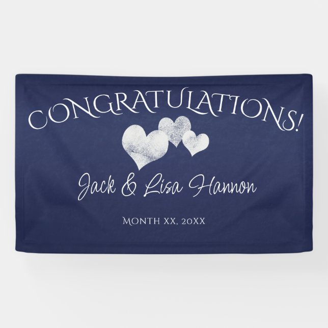 Congratulations White Hearts on Navy Wedding Banner (Horizontal)