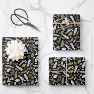 Conifer Branch Cones Black Gold Christmas  Wrapping Paper Sheet
