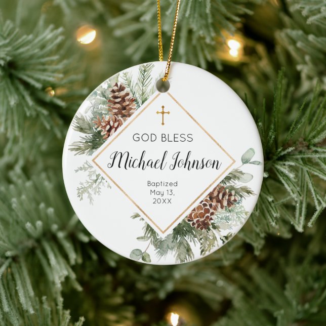 Conifer Cone Personalized Boy Baptism Ornament (Tree)