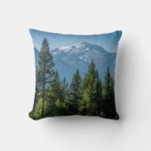 Coniferous Trees with Mountain Background Throw Pillow