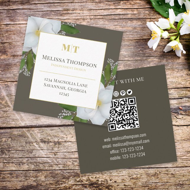 Connect With Me | QR Code Floral Foliage Magnolia Square Business Card (Creator Uploaded)