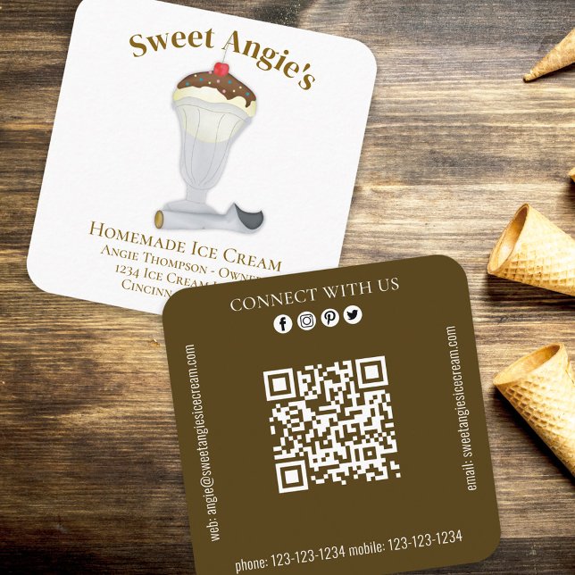 Connect With Me | QR Code Simple Bakery Ice Cream Square Business Card (Creator Uploaded)