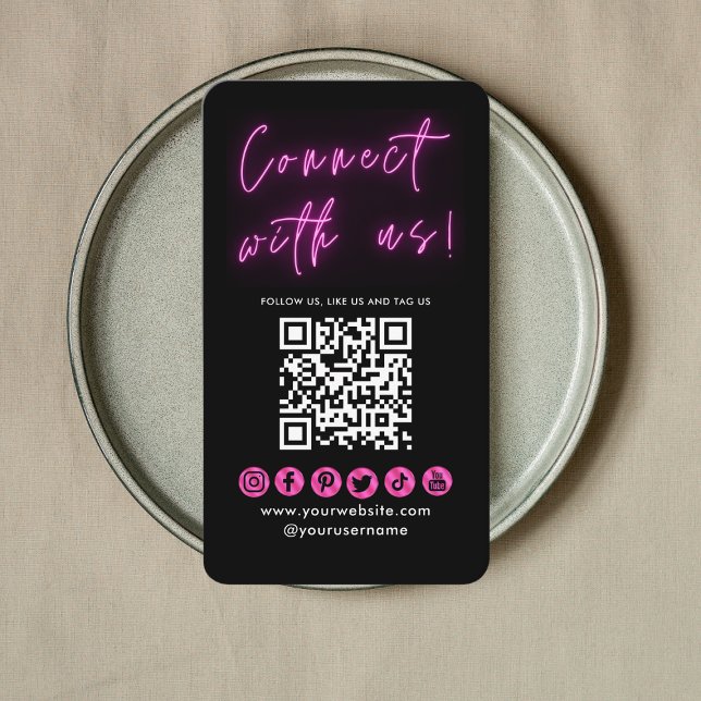 Connect With Us Black Pink QR Code Social Media Business Card (Creator Uploaded)