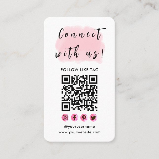 Connect With Us Branding Logo QR Code Modern Pink Business Card (Front)