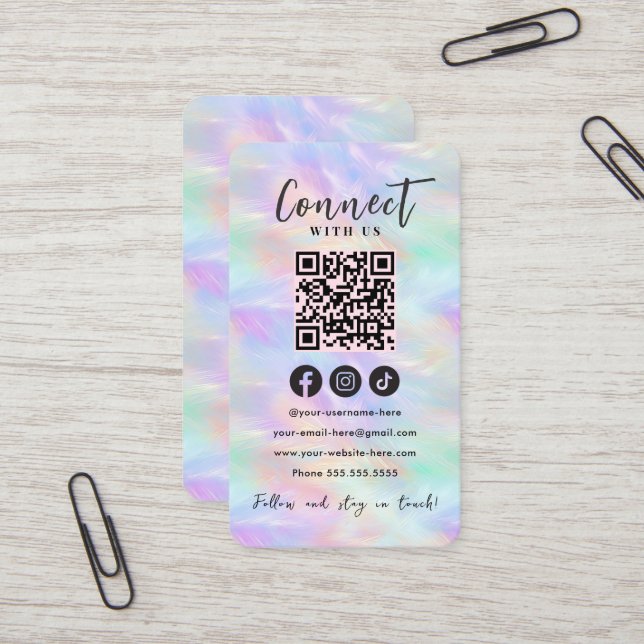 Connect With Us Iridescent Opal Stylish QR Code Business Card (Front/Back In Situ)
