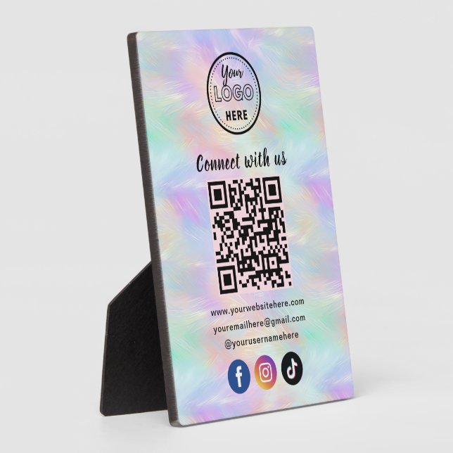Connect With Us Iridescent Opal Stylish QR Code Plaque (Side)