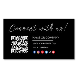 Connect with us Logo Qr Code Social Media Black Magnetic Business Card