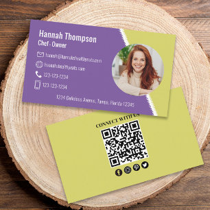 Connect With Us   Modern Photo QR Code Purple Lime Business Card