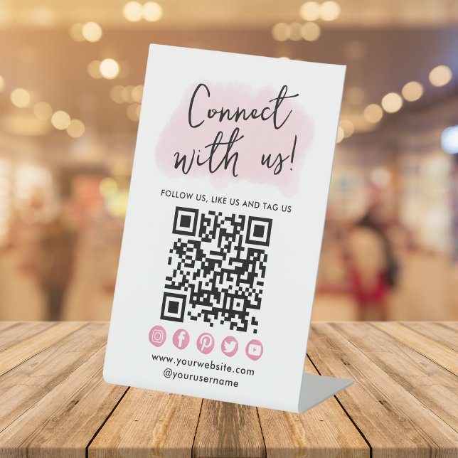 Connect With Us Pink Social Media QR Code Modern Pedestal Sign (Creator Uploaded)