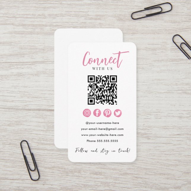 Connect With Us Pink Social Media White QR Code Business Card (Front/Back In Situ)