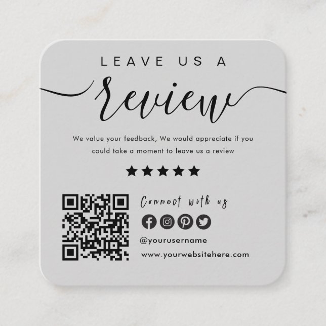 Connect With Us QR Code Leave Us A Review Grey Square Business Card (Front)