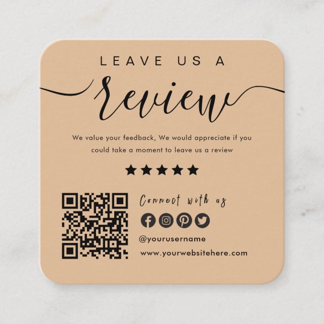 Connect With Us QR Code Leave Us A Review Rustic Square Business Card (Front)