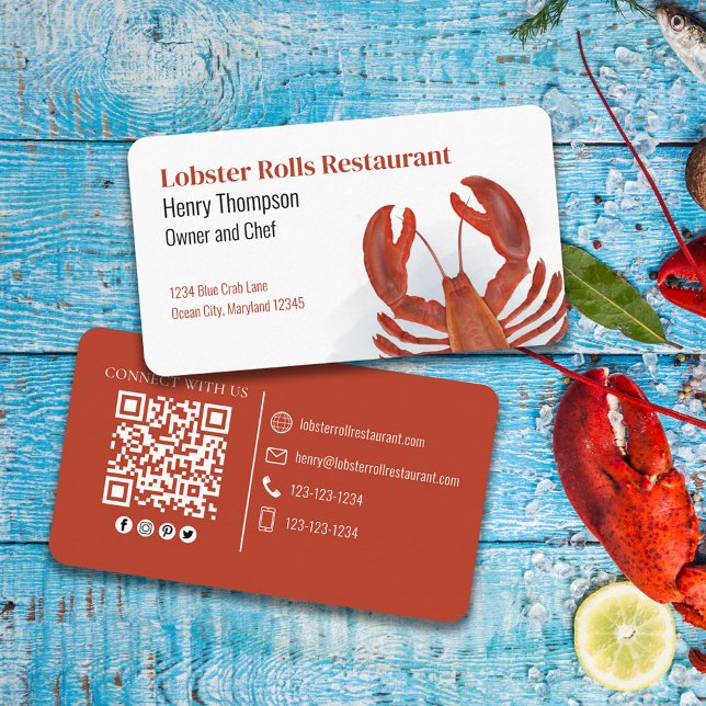 Connect With Us | QR Code Lobster Coastal Sea Business Card (Creator Uploaded)