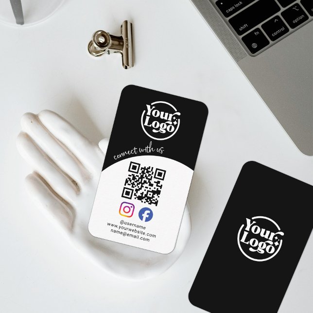 Connect With Us QR Code Logo Social Media Black  Business Card (Creator Uploaded)