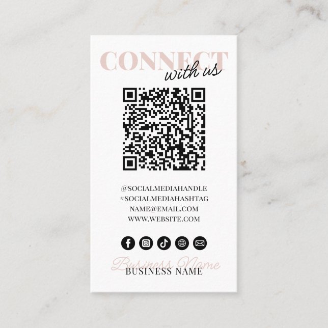 Connect with Us QR Code Modern Pink Script Company Business Card (Front)