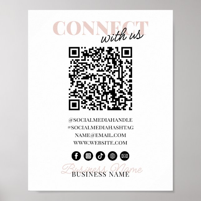 Connect with Us QR Code Pink Script Business Name Poster (Front)