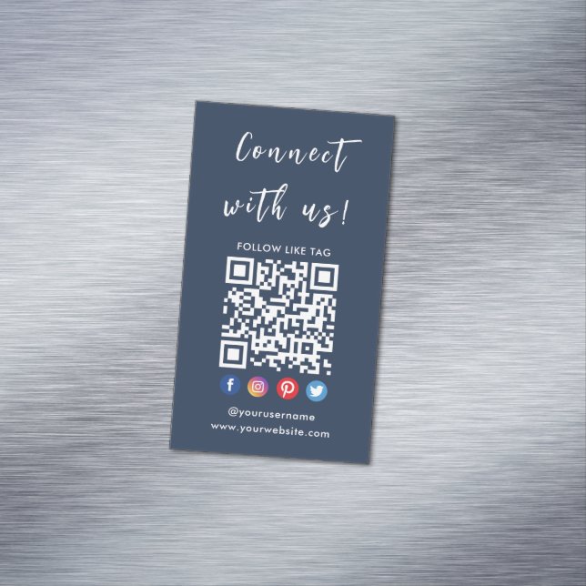 Connect With Us Qr Code Social Media Navy Blue Magnetic Business Card (In Situ)