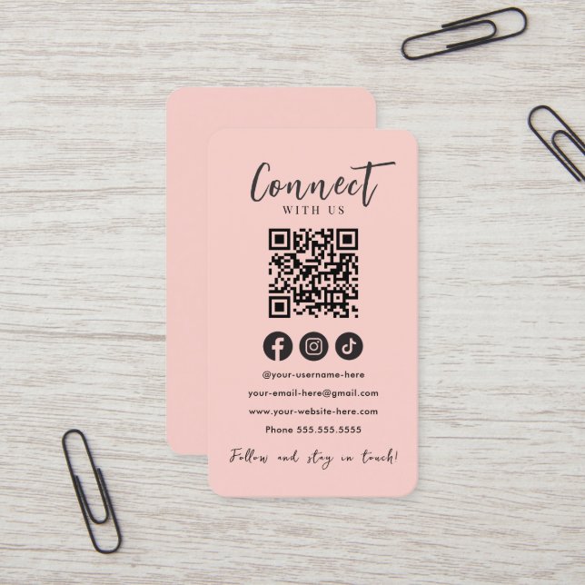 Connect With Us Social Media Blush Pink QR Code Business Card (Front/Back In Situ)