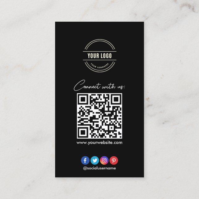 Connect with us | Social Media QR Code Black Busin Business Card (Back)
