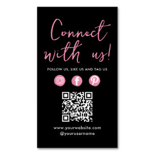 Connect With Us Social Media QR Code Black Pink Magnetic Business Card