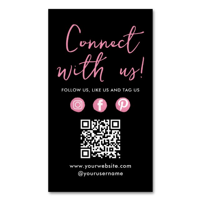 Connect With Us Social Media QR Code Black Pink Magnetic Business Card (Front Vertical)